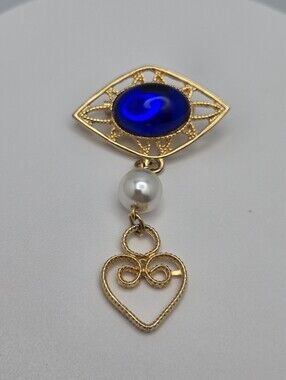 Blue Cabochon Dangle Brooch Victorian Revival Heart Drop Pin 2.5" Vintage